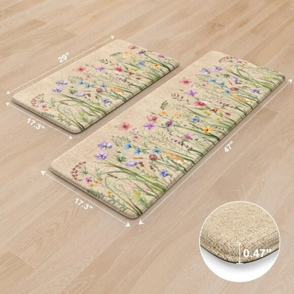 New Floral Anti-Fatigue Kitchen Mat Set, Non-Slip Cushioned Farmhouse Rugs
